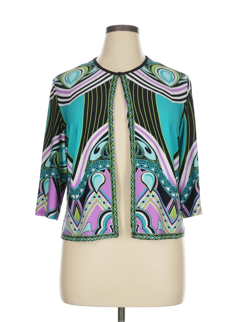 Studio Colorblock Geometric Open Jacket in Teal, Lavender and Black